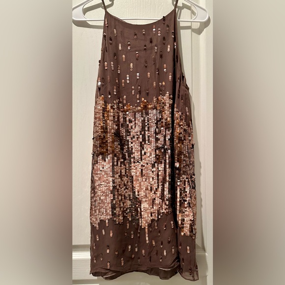 Parker Metallic Bronze & Rose Gold Sequin High Neck Silk Slip Shift Dress - Picture 6 of 8